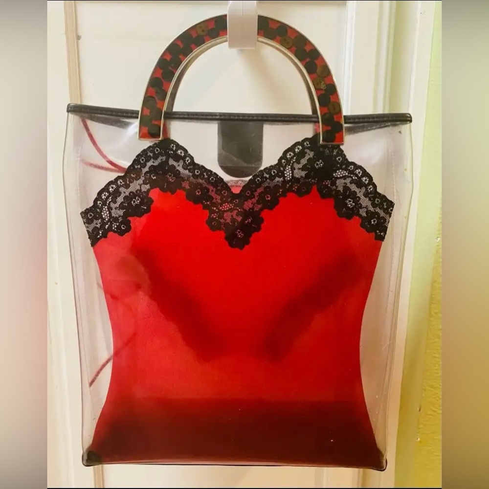 Vtg JOHN GALLIANO Unique Red with Black Lace “Lingerie” Vinyl Handbag